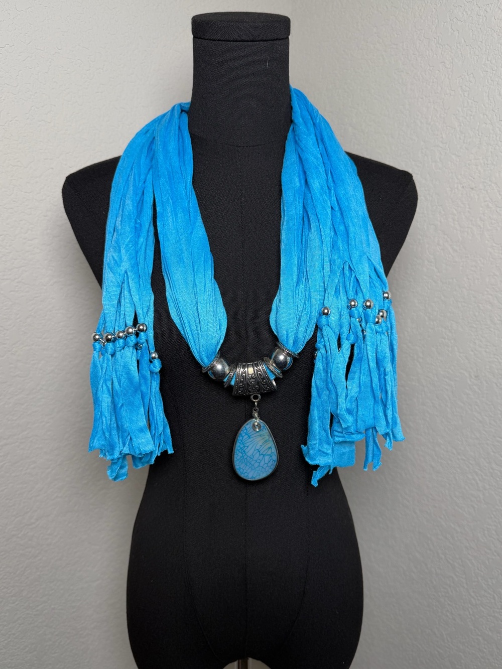 Turquoise Blue Statement Scarf Necklace with Pendant